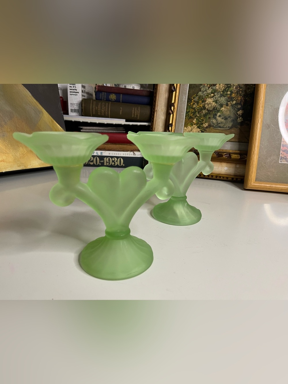 Pair of Frosted Jade Green Double-Arm Glass Candle Holders